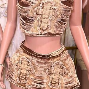 Brown Distressed Two-Piece Set with Cross Design